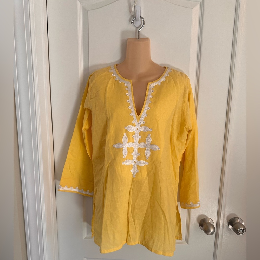 Barbara Gerwit Yellow with White‎ Embroidery Resort Wear Tunic Top NWOT